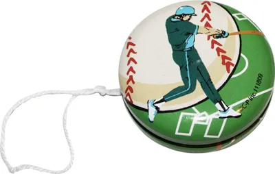 A yo-yo with a baseball theme, featuring a baseball player swinging a bat.