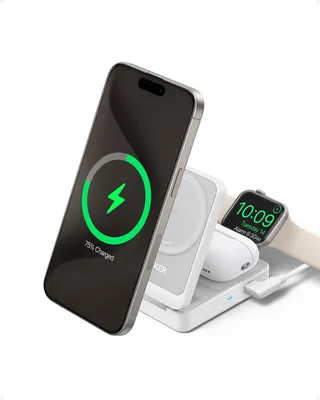 Produktbild von Anker MagGo 3-in-1 Ladestation weiß - kabellos Aufladen, kompatibel mit Apple