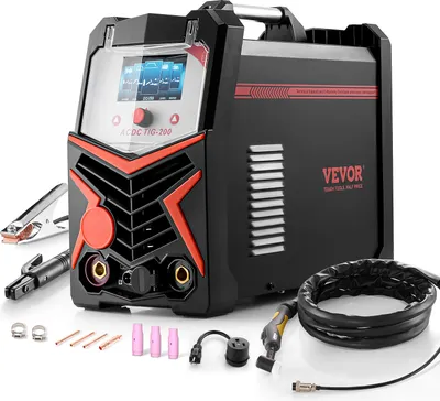 A VEVOR AC/DC TIG-200 welding machine with accessories is shown on a white background.
