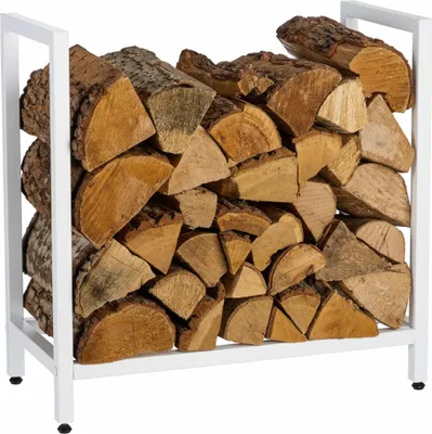Zdjęcie produktu dla Regał na drewno kominkowe Relaxdays, metalowy, wymiary: 62,5 x 65 x 30,5 cm, regał na drewno kominkowe, drewno w stosach, drewno opałowe, biały