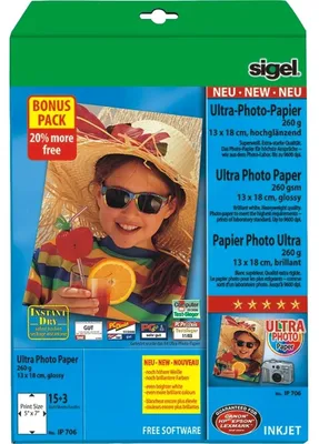 Produktbild von SIGEL IP706 Inkjet Fotopapier Ultra, hochglänzend, 260 g/m², 13x18 cm, 18 Blatt