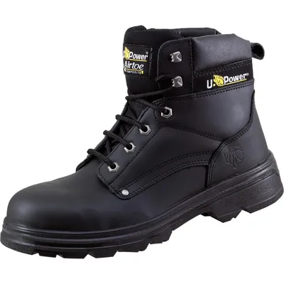 A black U-Power safety boot is shown against a white background.