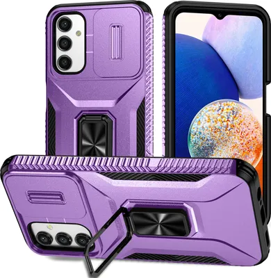 Produktbild von Handyhülle für Samsung Galaxy A14 5G 4G Dual Layer Hülle mit Schiebe Kamera Schutz und Ringhalter Ständer Lila
