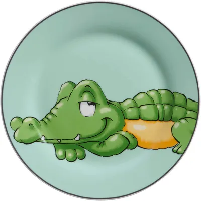 A plate with a cartoon alligator illustration.
