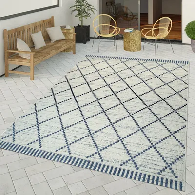 Produktbild von TT Home Flachgewebter In- & Outdoor Teppich Geometrisch Abstraktes Rauten Muster Weiß Größe 80x150 cm