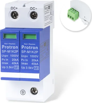 Produktbild von Protron DC Überspannungsschutz 1000V SPD Überspannungsableiter Blitzschutz T2 für Solar PV Photovoltaikanlagen - PV:SP-T2D2P 2-polig mit Wechselkontakt, 0% MwSt.