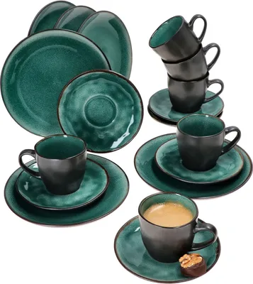 Zdjęcie produktu dla 18-częściowy serwis kawowy Reactive Glaze Green kamionkowy talerz do ciasta filiżanka miętowa zieleń