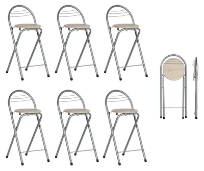 Immagine prodotto di Sgabelli pieghevoli, set da 6, altezza seduta 61 cm, effetto legno/argento