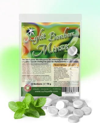 Produktbild von Xylit Birkenzucker Bonbons MINZE | 100% mit Xylit gesüsst | 70g Inhalt | 35 Bonbons einzeln verpackt | mit natürlichem Aroma | zahnfreundlich