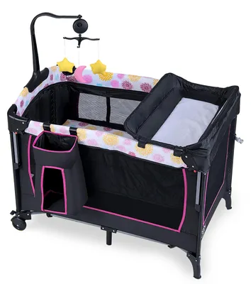 Produktbild von KOMFOTTEU 4 in 1 Babybett, Kinderreisebett mit Wickelauflage, Laufstall & Matratze, Reisebett auf Rollen mit Hängespielzeug & Musikbox, Beistellbett inkl. Tragetasche, für Kleinkind ab Geburt bis 15 kg