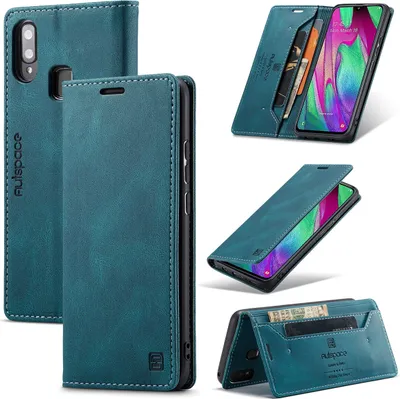 Produktbild von Galaxy A40 Brieftasche Hülle, Retro Kunstledertasche Stand Schutzhülle für Samsung Galaxy A40 Blau