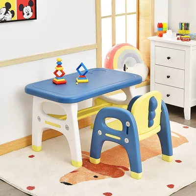 Produktbild von COSTWAY Kindertisch mit Stuhl Dinosaurierdesign, Kindertischgruppe Kindermöbel aus HDPE, Kinder Tischset für 1-5 Jahren Kinder in Kindergarten und Kinderzimmer (Blau)
