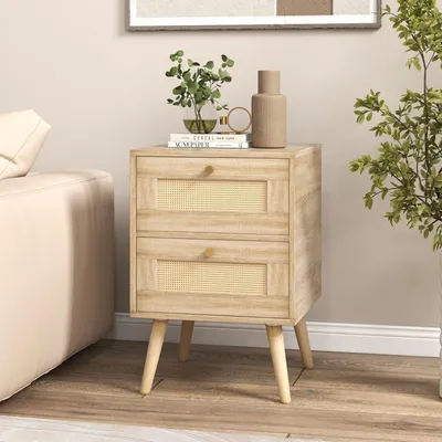 Image de Table de chevet en rotin de style bohème avec 2 tiroirs et pieds en bois massif Table de chevet moderne