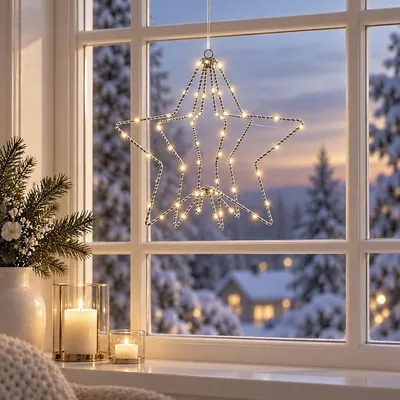 Produktbild von Luca Lighting LED-Stern 3D 60 LED warmweiß batteriebetrieben 30 cm silber
