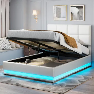 Image de Lit capitonné - Lit avec rangement - Lit double - Lit à LED - Lit moderne - 140x200 cm - 16 couleurs d'éclairage LED