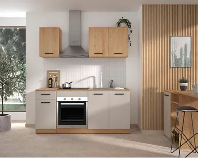 Productafbeelding van Complete keuken ALPAGA, 180 x 60/31 x 211 cm, eikenhout Silva/Grege, met ovenkast en werkblad, GAMI