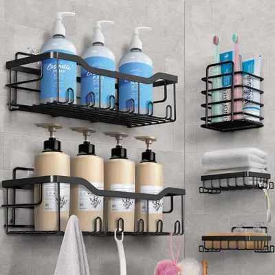 Produktbild von Duschablage ohne Bohren, 5-teiliges Aufbewahrungsregal-Set, Badezimmeraccessoire aus Edelstahl 304, schwarzer Duschorganizer