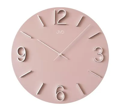 A pink wall clock with silver numbers and hands, presented against a white background.