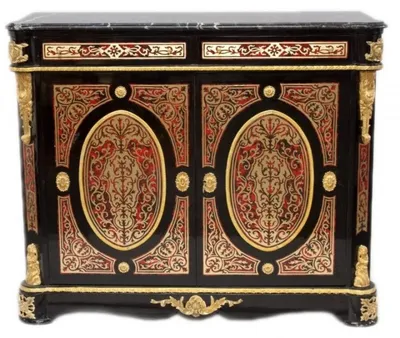 Image de Commode Casa Padrino de style baroque, incrustations Boulle, noire, dorée et rouge, avec plateau en marbre, 125 cm