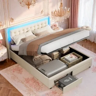 Obrázek produktu pro UnboxG Čalouněná postel 180x200cm s USB a typem C, LED, manželská postel s roštem a 2 zásuvkami, úložný prostor dřevěná postel funkční postel sametová, béžová