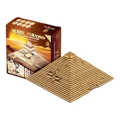 A 3D wooden puzzle of a pyramid and its packaging are displayed against a white background.
