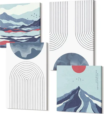 Produktbild von Leinwandbild Set 4-teilig – Modernes Wandbild – Polycanvas Kunstdruck – Abstrakte Bilder – Hochwertige Wandkunst – 2x 40x40 cm + 2x 40x60 cm – Abstrakte Muster Berglandschaften japandi