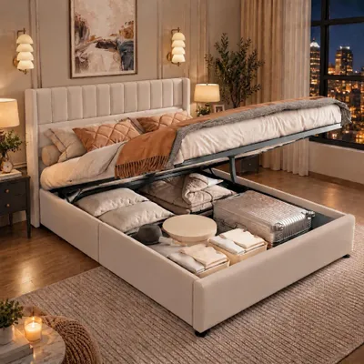 Produktbild von INONEFT Stauraumbett Polsterbett Hydraulisch Doppelbett 160x200cm, Lattenrost aus Holz, Bett mit Lattenrost aus Metallrahmen, Keine Matratze, Leinen