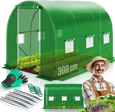 Productafbeelding van Folietunnel, stabiel model, met 6 ramen met muggengaas en een deur | Tuinkas met frame van verzinkt staal | Folietunnel, 170g/m², inclusief grondankers, handschoenen en touwen | 200x300cm, groen