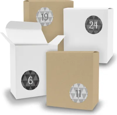 Produktbild von Adventskalender zum Füllen 24x Quader gemischt WEISS BRAUN + Sticker V09 Z25