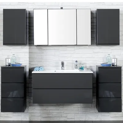 Produktbild von Badmöbel Set COMO-03, 6-teilig, Hochglanz grau, 100cm Waschtisch