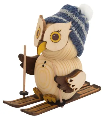 Produktbild von Drechslerei Kuhnert - Mini-Eulen aus Holz - mit Ski - ca. 7 cm groß - als Dekoration oder Geschenk geeignet