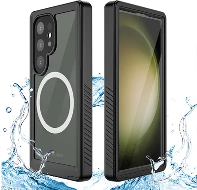 Two views of a black phone case with a clear back, showing a magnetic ring, with water splashes around it.