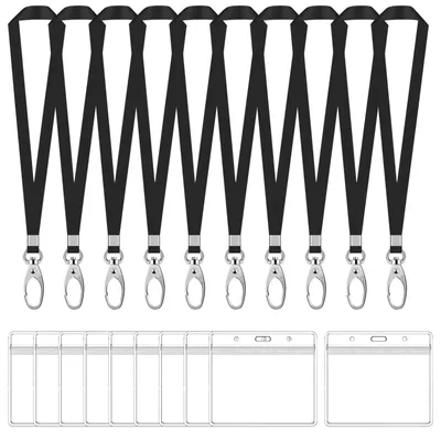 Productafbeelding van 10 sets identiteitshouders met schouderband, waterdicht, transparante identiteitshouders en nylon schouderbanden met karabijnhaak, identiteitshouders met schouderband voor school, tentoonstellingen, kantoor (zwart, horizontaal)