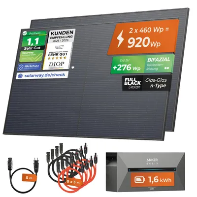 Produktbild von Solarway®️ 920Wp / 800W Balkonkraftwerk mit 1,6 kWh Speicher komplett Steckdose - 1,6 kWh Anker SOLIX 2 PRO Speicher