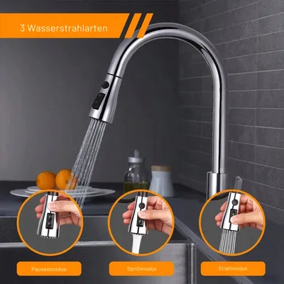 Obrázok produktu pre TACKLIFE DAWF01JD, Kuchynská batéria, Kuchynská batéria s vyťahovacou nerezovou sprchou, Drezová batéria s 3 režimami prúdu, 360° otočná jednopáková batéria bez prívodu