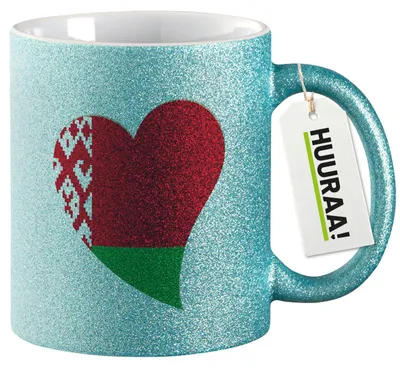 Produktbild von Huuraa Glitzertasse Belarus Flagge Herz 330ml Blau Keramik Kaffeebecher Geschenkidee