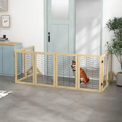 Produktbild von SUGIFT Absperrgitter Hund, Hundegitter faltbar, Kiefernholz Schutzgitter, Naturholz  |  4 Paneele  |  8,5 kg  |  375 x 44 x 70 cm
