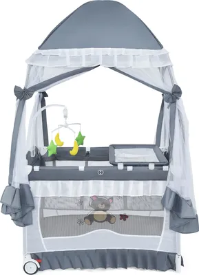 Produktbild von COSTWAY 4 in 1 Reisebett & Wickeltisch & Kinderbett & Laufstall klappbar, 2 Ebenen Babybett mit Spielbogen, Musikbox, Wickelauflage, Matratze, Baldachin und Transporttasche (Grau)