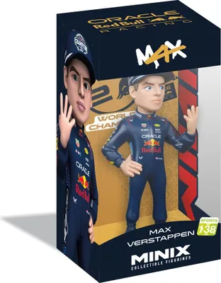 A collectible figurine of Max Verstappen in his Red Bull Racing F1 racing suit, presented in its retail packaging.
