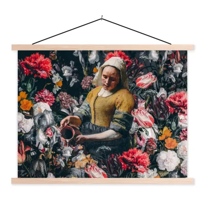 Produktbild von MuchoWow® Textilposter Vermeer - Milchmädchen - Blumen 120x90 cm mit holzfarbenen Rahmen - Magnetisch