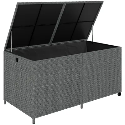 Zdjęcie produktu dla Outsunny – skrzynia na poduszki z rattanu 650 l, odporna na warunki atmosferyczne, z pokrywą i kółkami, schowek