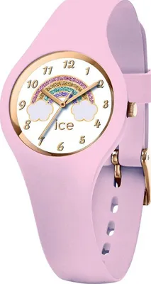 A close-up, studio shot of a pink Ice-Watch with a rainbow and cloud design on the face.