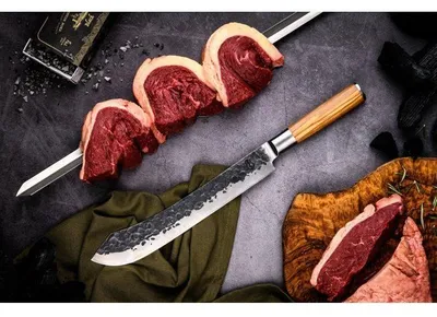 Image de Brochette Barbecue Forged Churrasco, Forme V, Acier Inoxydable SS430, Manche en Bois d'Olivier, 70 cm