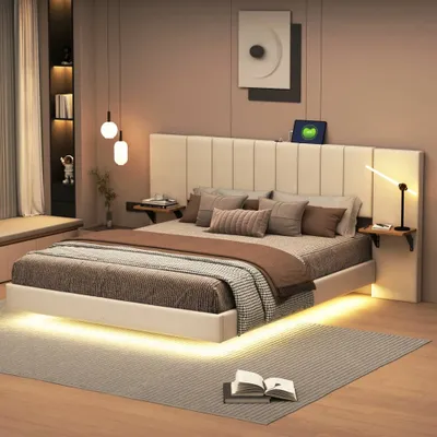 Immagine prodotto di Letto imbottito AIORBER, 140x200 cm, con illuminazione LED, con porta di ricarica USB, letto matrimoniale, tessuto di lino, testiera allungata, struttura in metallo, beige