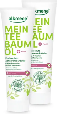 Produktbild von alkmene Mein Teebaumöl Kariesschutz Zahncreme Kräuter 2x 100 ml mit 6fach Schutz, vegan, klimaneutral, Fluorid Zahnpasta