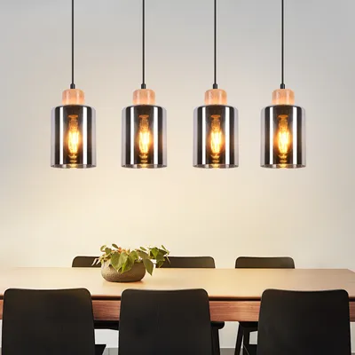 Produktbild von ZMH Pendelleuchte Holz Hängelampe E27 Vintage hängend 4 flammig retro Hängeleuchte Rauchglas Pendellampe für Esszimmer Küche Ohne Leuhctmittel
