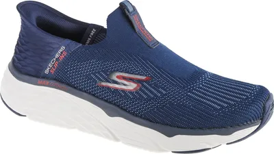A single blue Skechers running shoe is shown from a side angle against a white background.