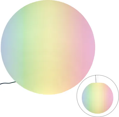 A large, spherical lamp with a gradient of pastel colors, including green, yellow, pink, and blue. A smaller inset image shows the same lamp hanging.