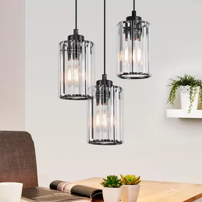 Image de Suspension ZMH à trois ampoules, noire, en verre, culot E27, design moderne, hauteur réglable, idéale pour le salon, la chambre, la cuisine, éclairage intérieur