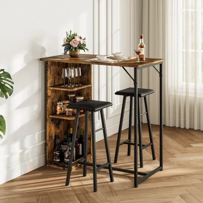 Productafbeelding van Bartafelset met 2 barkrukken, staande tafel met wijnglashouder en opbergruimte, retro bruin